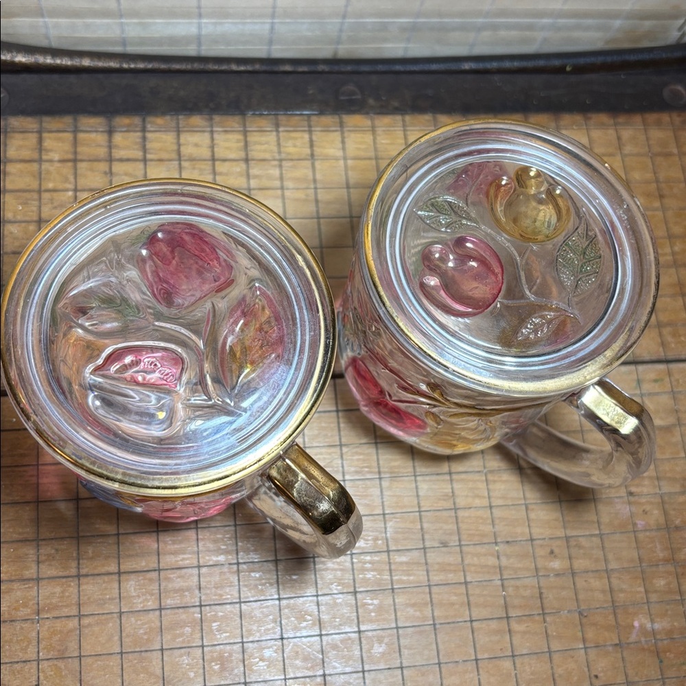 Vintage Pair Glass Mugs Lid Red Mixed Fruits Decor Tea Coffee Juice Spirits